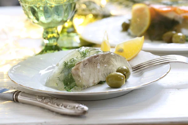 Jellied Sturgeon Lemon Olives Glasses White Wine — Stock Photo, Image