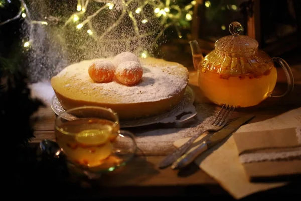 Powdered Sugar Poured Cake Sponge Cake Tea — Stock Photo, Image