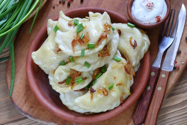 Dumplings Potatoes Sour Cream Wooden Background — Stock Photo, Image