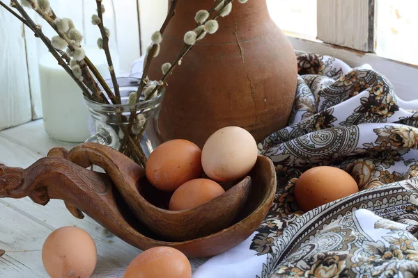 Easter Still Life Willow Wheat Painted Eggs Wooden Background — Stock Photo, Image