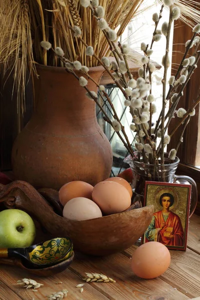 Painted Eggs Bouquet Spikelets Wheat Pussy Willow Apples Easter Still — Stock fotografie