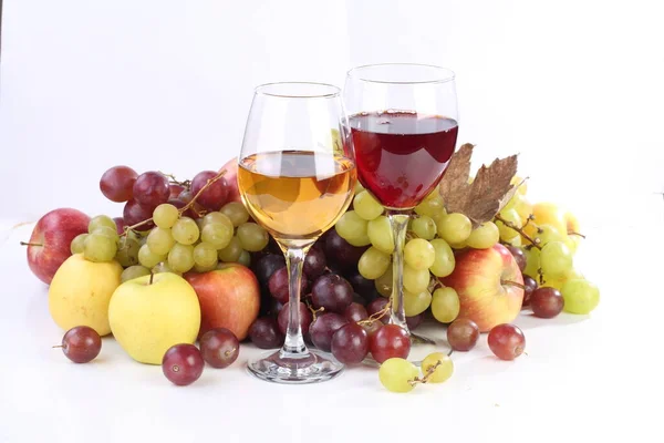 Still Life Wine Fruits White Background — Stock Photo, Image