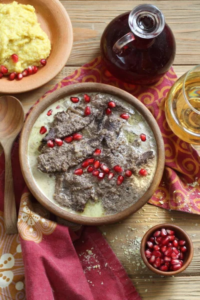 Liver Nut Garlic Sauce Pomegranate — Stock Photo, Image