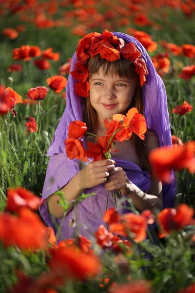 Little Girl Field Poppies — Stock Photo, Image