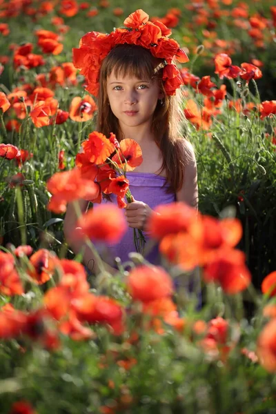 Kleines Mädchen Auf Einem Feld Mit Mohn — Stockfoto