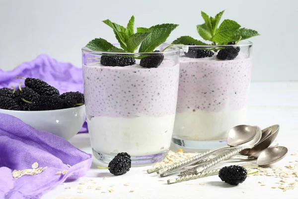 Dessert Yogurt Chia Berries White Plate — 图库照片