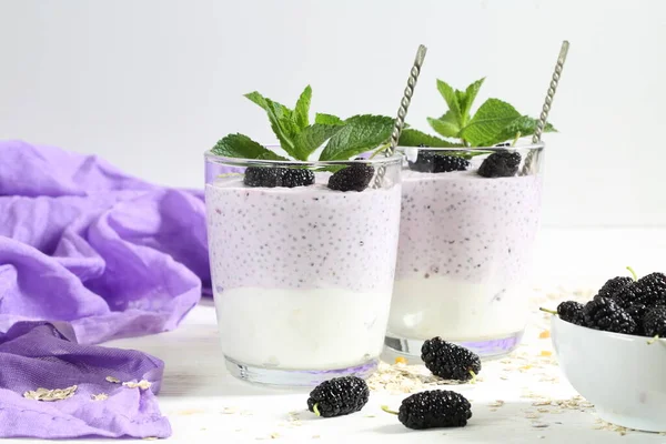 Dessert Yogurt Chia Berries White Plate — 图库照片