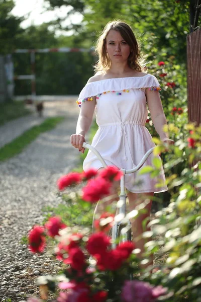 Красива Дівчина Білим Велосипедом Біля Куща Троянд — стокове фото