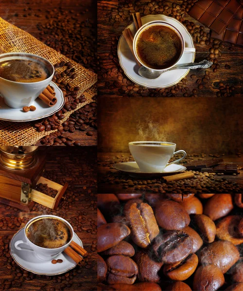 Kopi dengan kayu manis dan coklat, kolase — Stok Foto