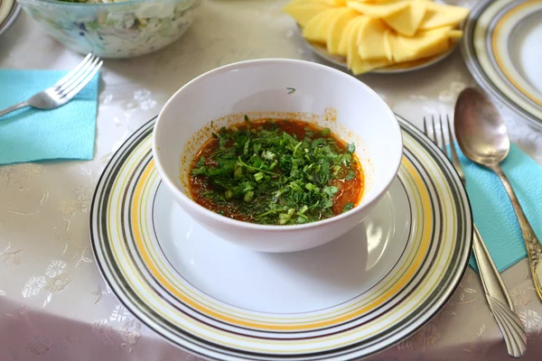 Tomato soup with greens — Stock Photo, Image