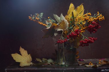 Sonbahar buket sarı yapraklar, üvez ve guelder-gül