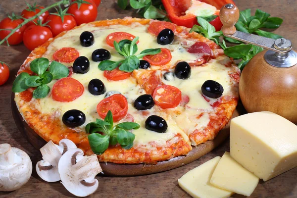 Pizza con formaggio, un salame, funghi di campo e olive — Foto Stock