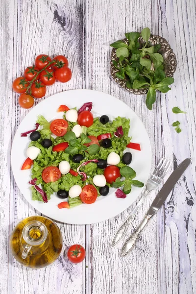 Salada com tomate, mussarela, azeitonas, repolho e rúcula — Fotografia de Stock