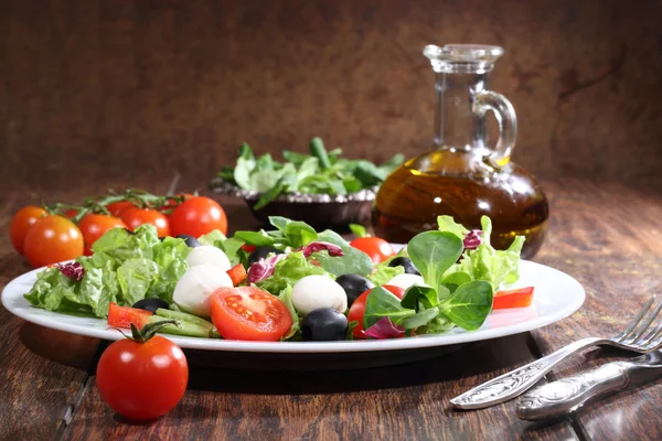 A mozzarella, paradicsom, olívabogyó, saláta saláta — Stock Fotó