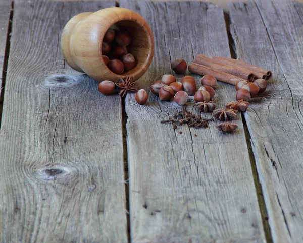 Wood nut, asterisks of an anise, a stick of cinnamon and a carna — Stock Photo, Image