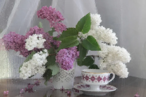 Nature morte avec un lilas et une tasse de thé derrière un verre mouillé — Photo