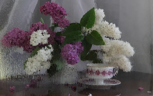 Still-life with a lilac and a cup of tea behind wet glass — Stock Photo, Image