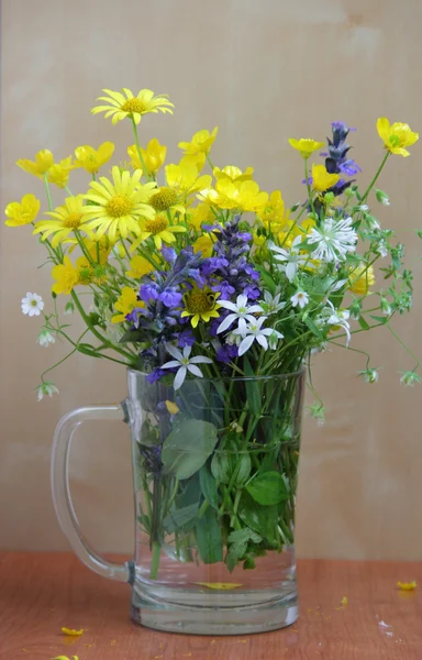 Strauß Frühlingswildblumen in einem durchsichtigen Becher — Stockfoto