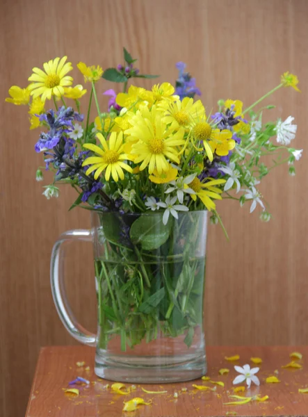 Strauß Frühlingswildblumen in einem durchsichtigen Becher — Stockfoto