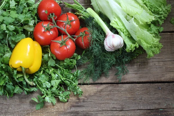 Verdure fresche: pomodori, pepe, cipolle, aglio, un coriand — Foto Stock