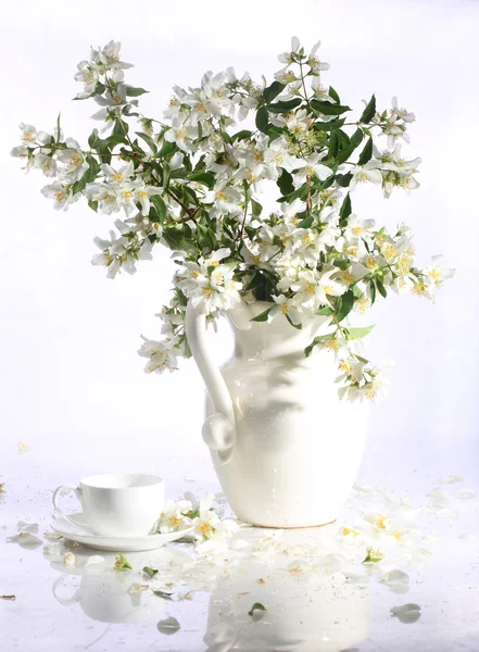 Bodegón con un ramo de jazmín en un jarrón blanco y una taza de té — Foto de Stock
