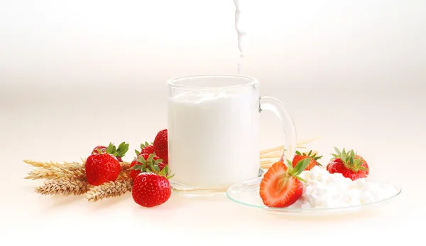 La leche en la taza transparente y el requesón la fresa — Foto de Stock