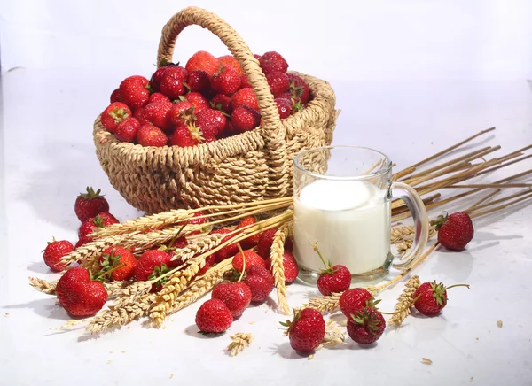 Strawberry in a wattled basket and milk in a transparent mug on — Stock Photo, Image