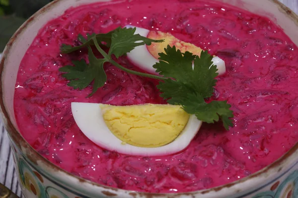 Beetroot soup - cold soup with a beet and egg submitted to a sou