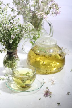 Şeffaf bir fincan güzel kokulu otlar ile tıbbi çay