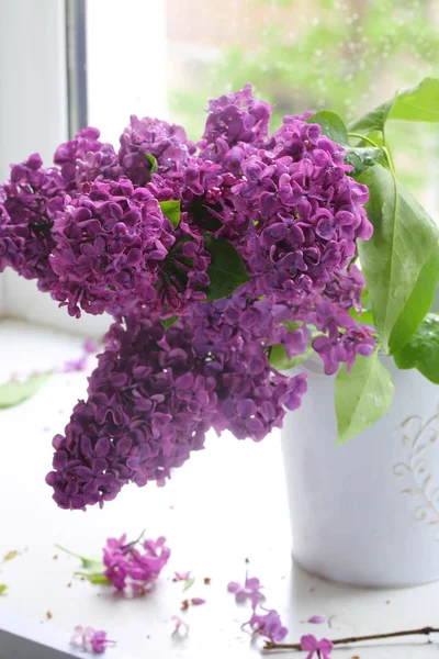 Bouquet de lilas dans un vase contre une fenêtre — Photo