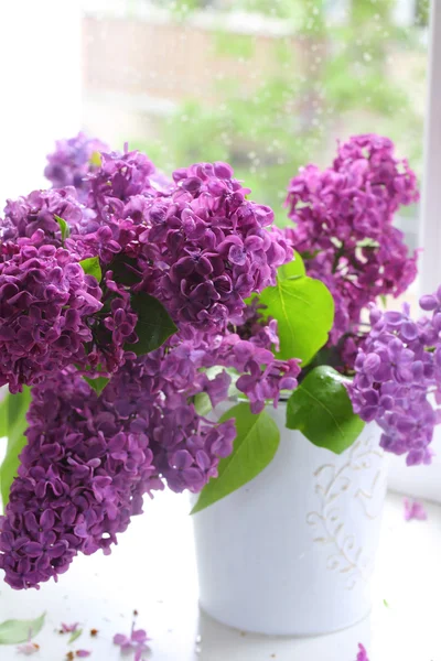 Bouquet de lilas dans un vase contre une fenêtre — Photo
