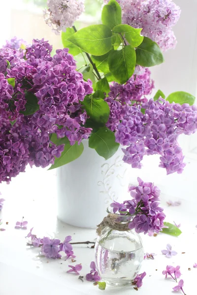 Bouquet de lilas dans un vase contre une fenêtre — Photo