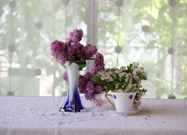 Ramo de una lila y té en una hermosa taza — Foto de Stock