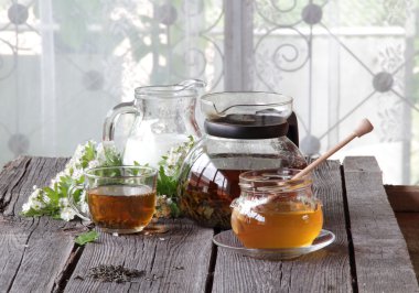 Saydam banka bal, bir sürahi süt ve çay bir transparen