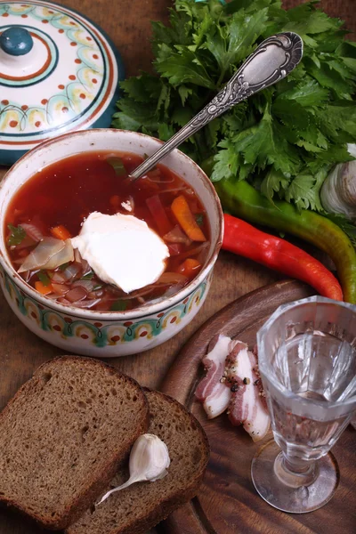 Borsch with sour cream, vodka and salty fat with a meat layer — Stock Photo, Image