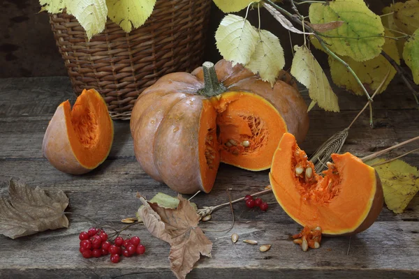 Bodegón con calabaza, nueces y rama otoñal — Foto de Stock