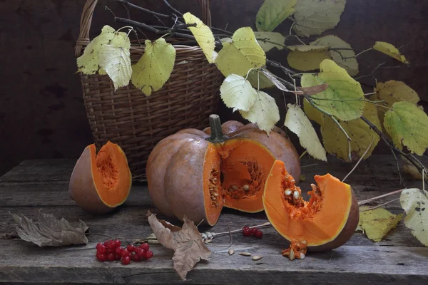 Bodegón con calabaza, nueces y rama otoñal — Foto de Stock