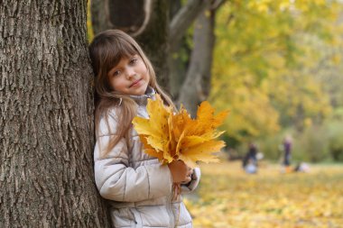 Sonbahar parkta kız ile akçaağaç yaprakları