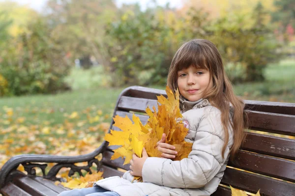 Dziewczyna z klon liści w parku jesień — Zdjęcie stockowe