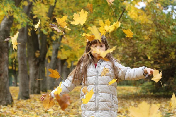 La chica feliz juega con hojas de otoño — Foto de Stock