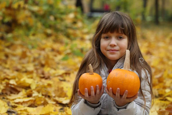 Elinde bir kabak ile mutlu küçük kız parkta