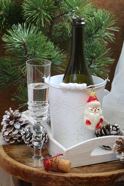 Champagne in a transparent glass and a pine branch — Stock Photo, Image