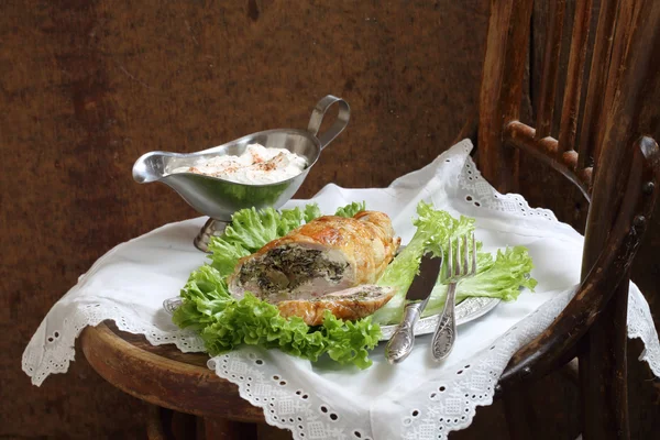 Chicken fillet stuffed mushrooms and greens — Stock Photo, Image