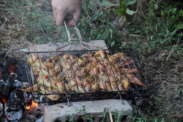 Marinaded wings on a lattice for a barbecue over a brazier — Stock Photo, Image