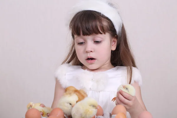 La ragazza gioca con i polli — Foto Stock