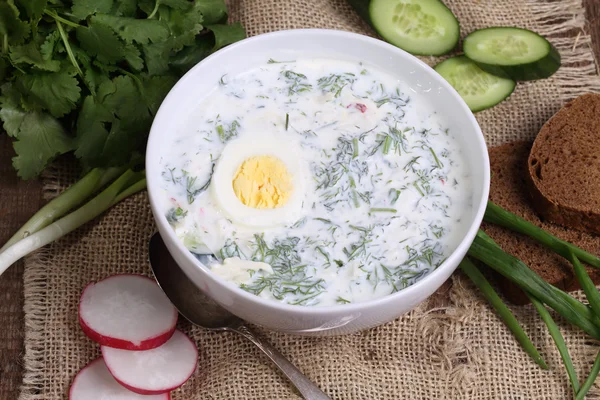 Okroshka on kefir with black bread — Stock Photo, Image