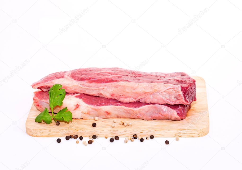 Fresh beef sirloin, steak cut ready to cook, delicious on isolate white background.