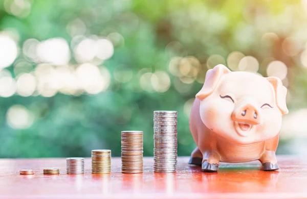 Pig savings bank with coins stacked into a bar graph symbol saving money.