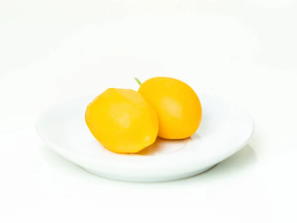 Peeled Marian Plum Placed White Plate White Background — Stock Photo, Image