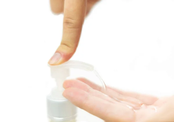 Ręka Myjąca Żel Alchohor Zapobiega Powstawaniu Koronawirusów Białym Tle — Zdjęcie stockowe